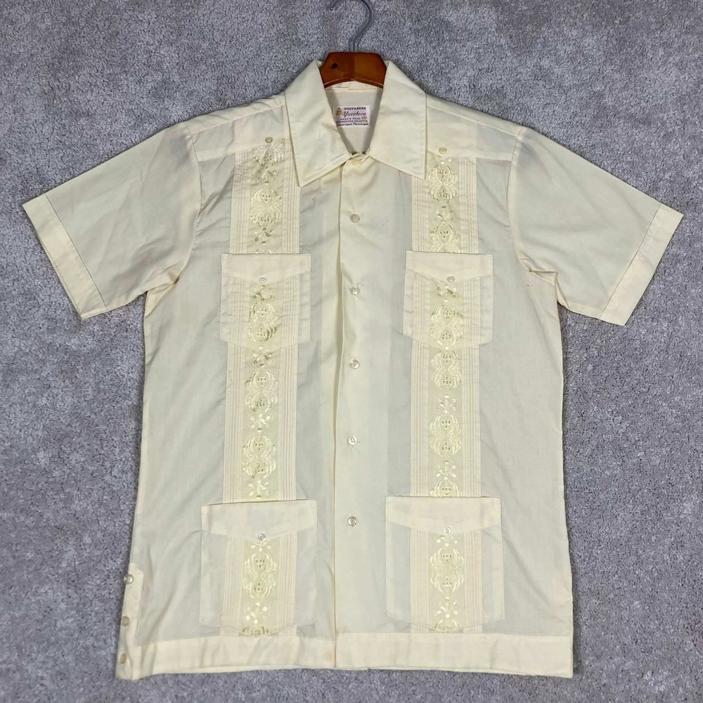 VTG 70s 80s Yucateca Men's Ivory Cream Guayabera Hawaiian Wedding Shirt Medium
